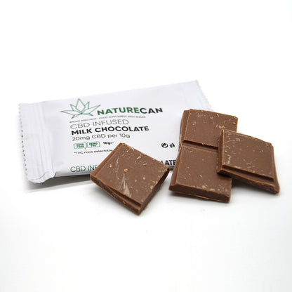 Four squares of CBD chocolate next to packet